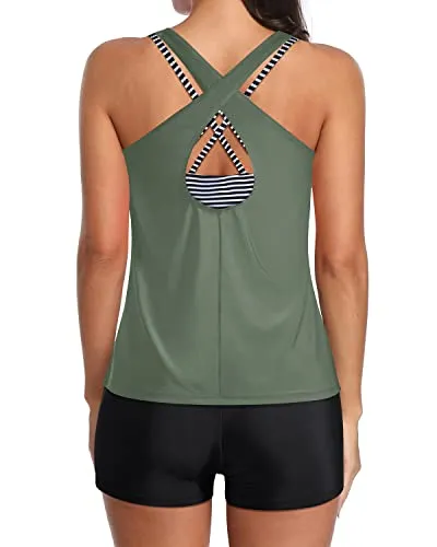 Ladies Tankini Swim Tank Top With Sports Bra And Boy Shorts-Navy Blue