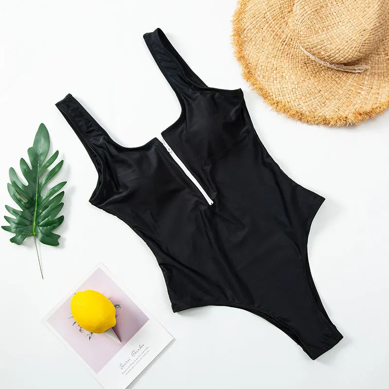 Ladies zipper sexy one-piece printed swimsuit women swimwear