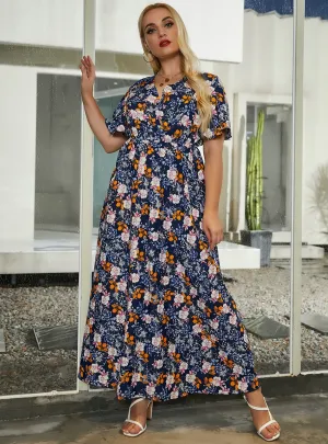 Large Size V-neck Printed Flared Sleeve Dress