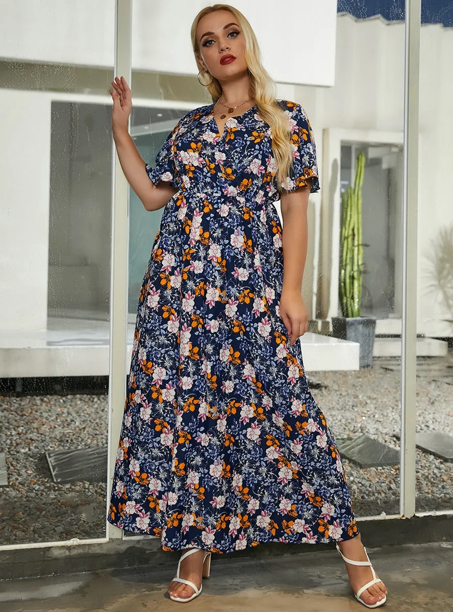 Large Size V-neck Printed Flared Sleeve Dress