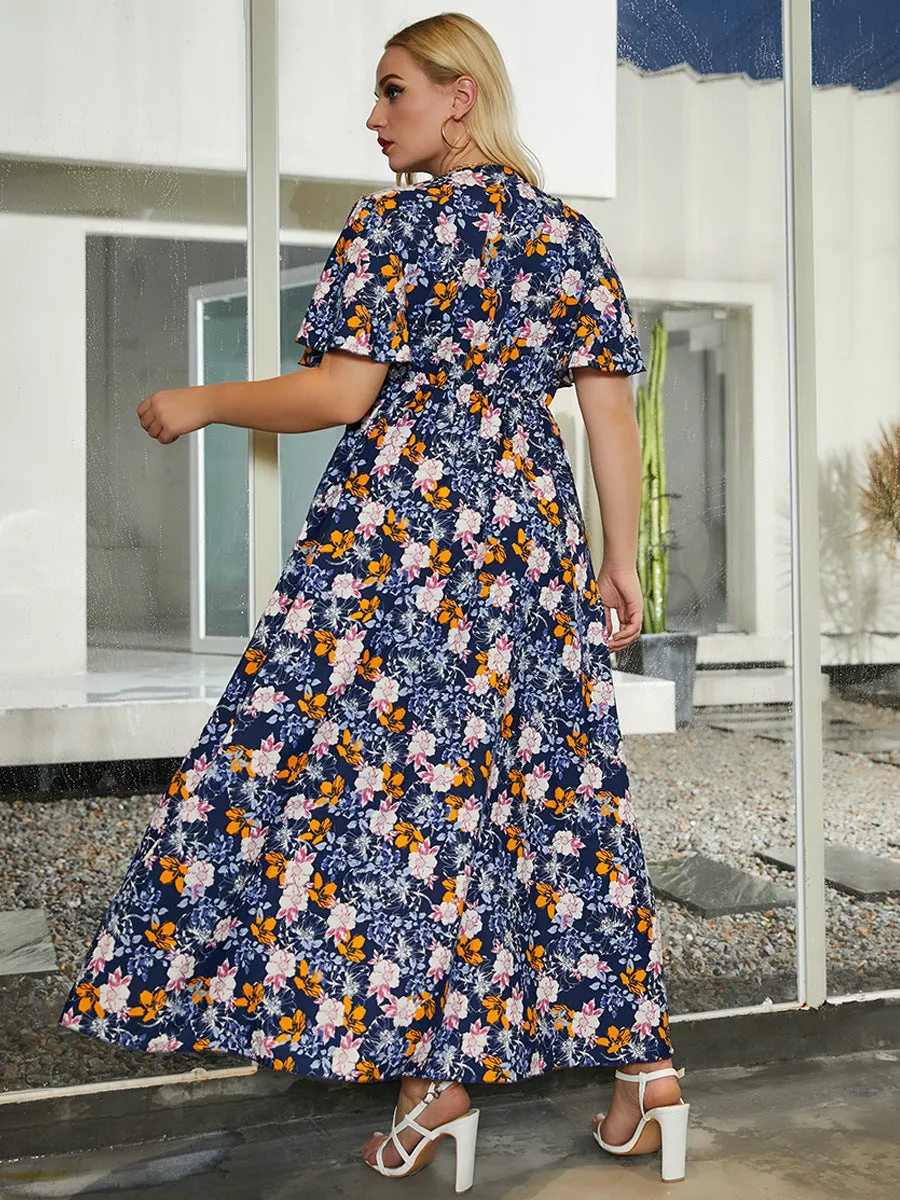 Large Size V-neck Printed Flared Sleeve Dress