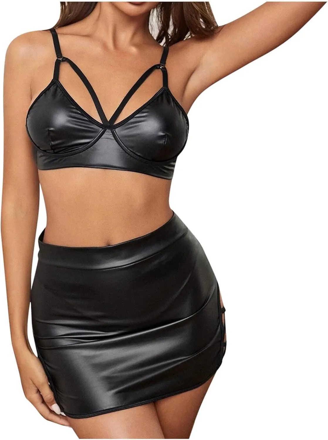Leather Two Piece Skirt Set for Women Sexy Babydolls Women's High Cut Bralette Bra and Mini Bodycon Pencil Skirts