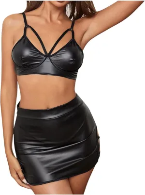 Leather Two Piece Skirt Set for Women Sexy Babydolls Women's High Cut Bralette Bra and Mini Bodycon Pencil Skirts