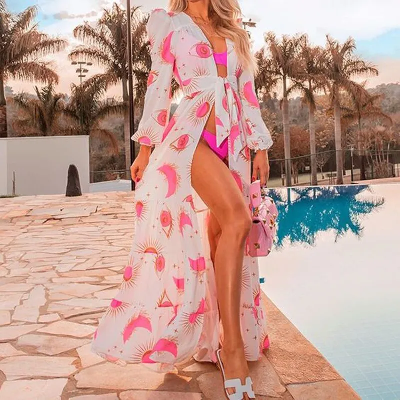 Leaves Print Bikini Beach Cover up Tunics for Beach Long Kaftan Bikini Cover up Robe de Plage Sarong Beach Swimsuit cover-ups