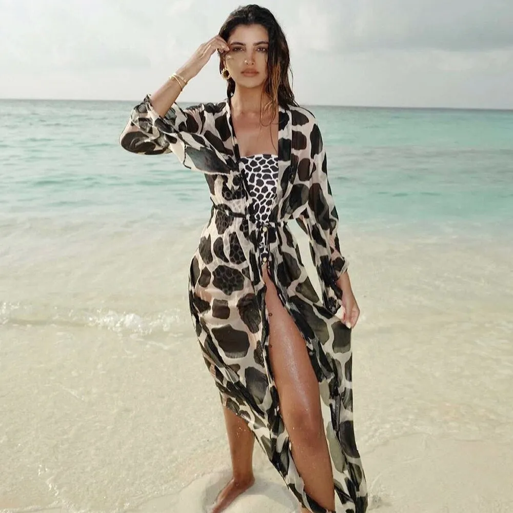 Leaves Print Bikini Beach Cover up Tunics for Beach Long Kaftan Bikini Cover up Robe de Plage Sarong Beach Swimsuit cover-ups