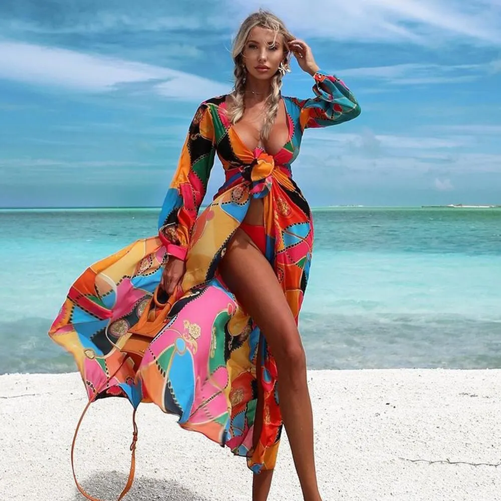 Leaves Print Bikini Beach Cover up Tunics for Beach Long Kaftan Bikini Cover up Robe de Plage Sarong Beach Swimsuit cover-ups