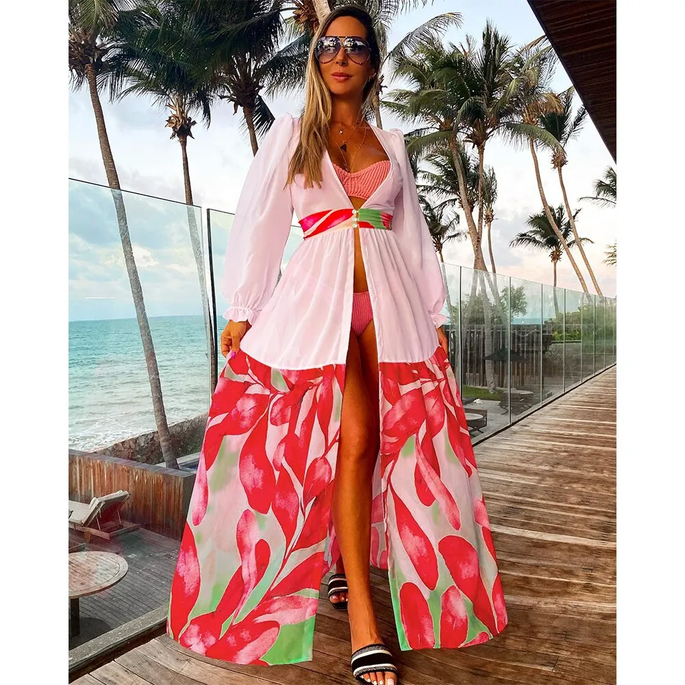 Leaves Print Bikini Beach Cover up Tunics for Beach Long Kaftan Bikini Cover up Robe de Plage Sarong Beach Swimsuit cover-ups