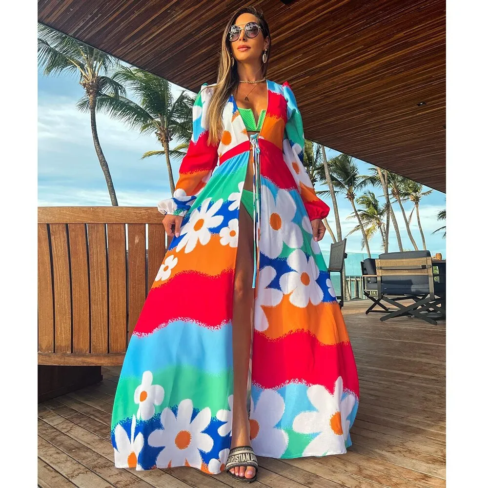 Leaves Print Bikini Beach Cover up Tunics for Beach Long Kaftan Bikini Cover up Robe de Plage Sarong Beach Swimsuit cover-ups