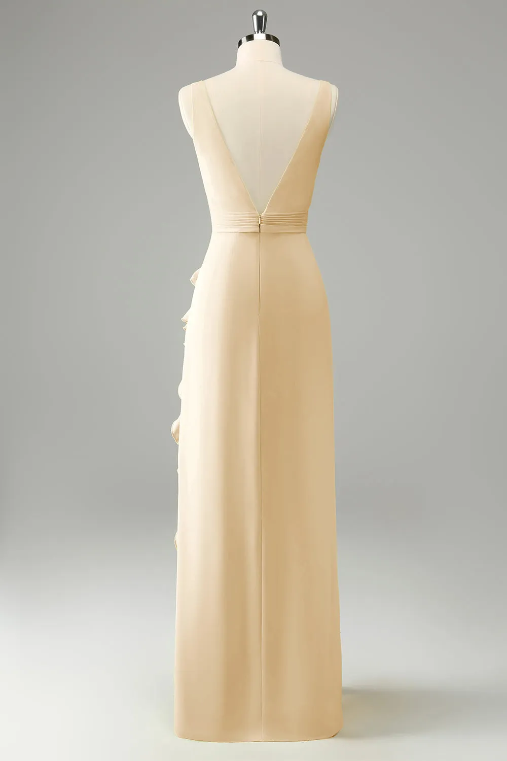 Lemon Sheath Deep V Neck Ruffles Maxi Dress with Slit