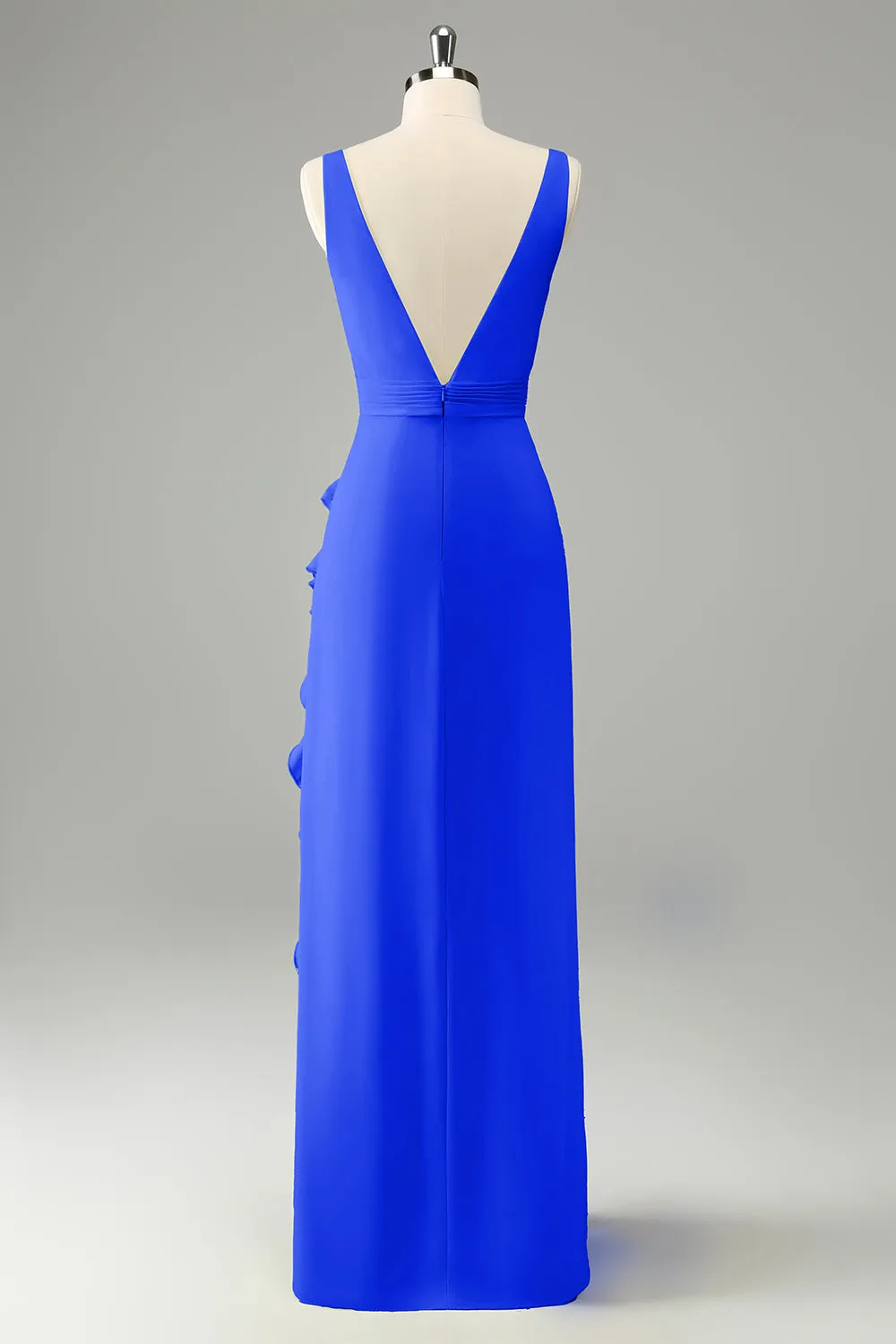 Lemon Sheath Deep V Neck Ruffles Maxi Dress with Slit