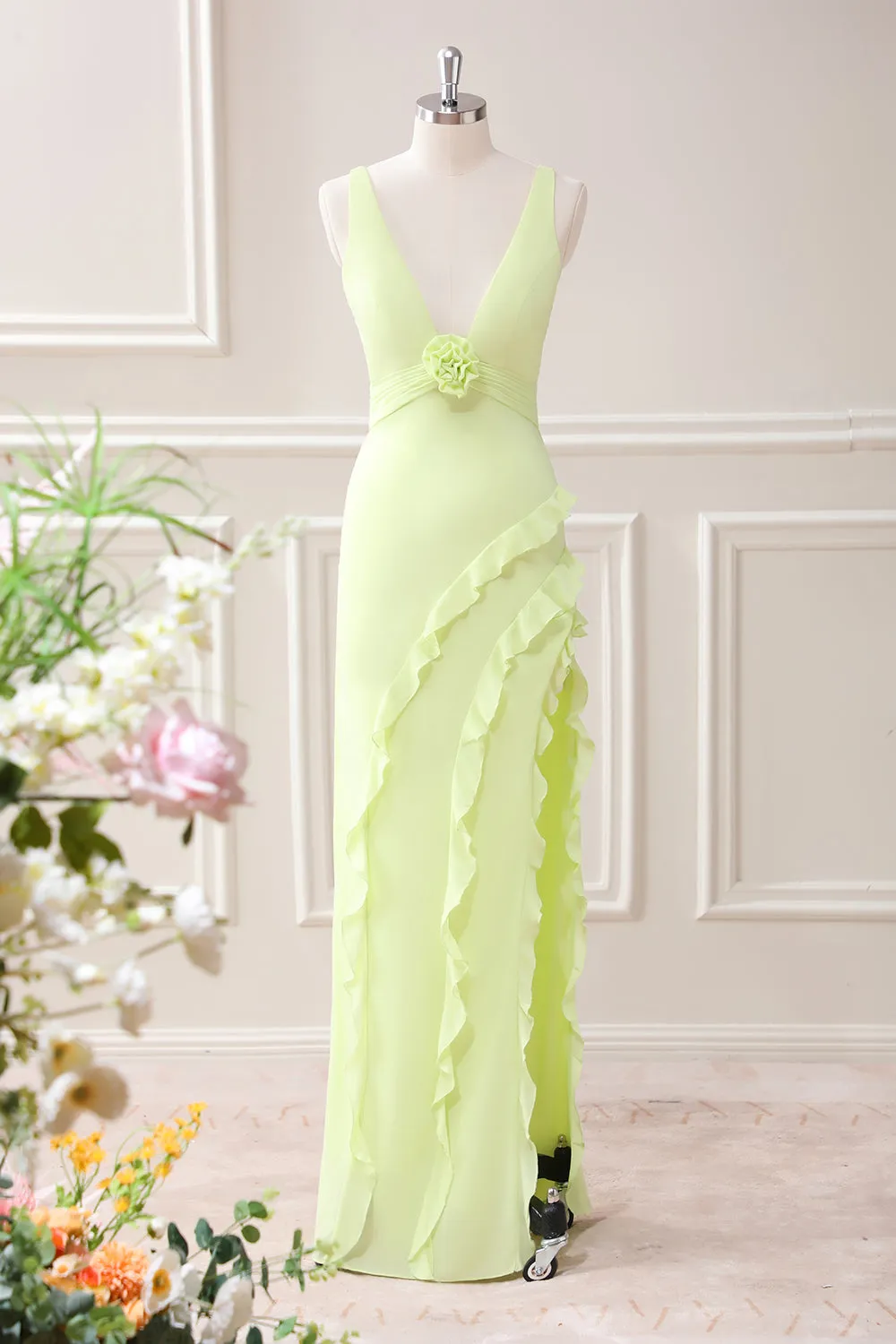 Lemon Sheath Deep V Neck Ruffles Maxi Dress with Slit