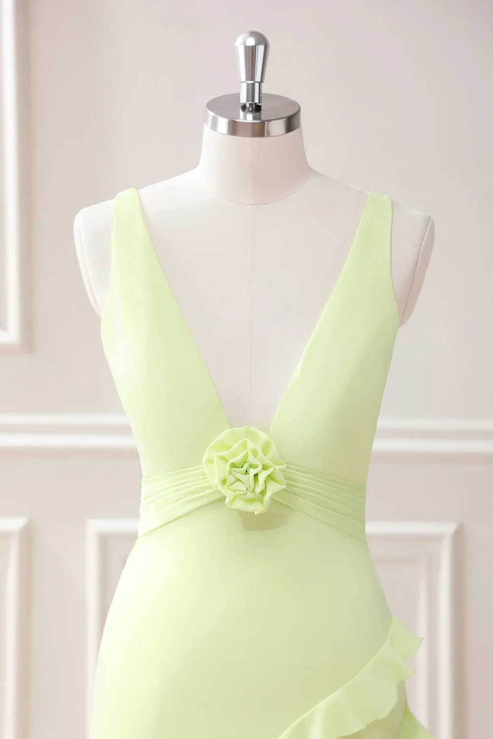 Lemon Sheath Deep V Neck Ruffles Maxi Dress with Slit