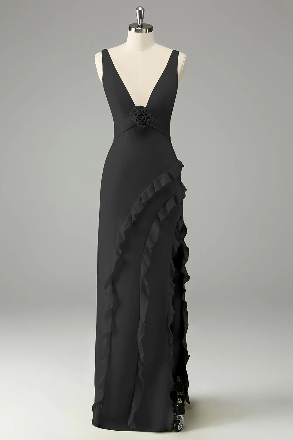Lemon Sheath Deep V Neck Ruffles Maxi Dress with Slit