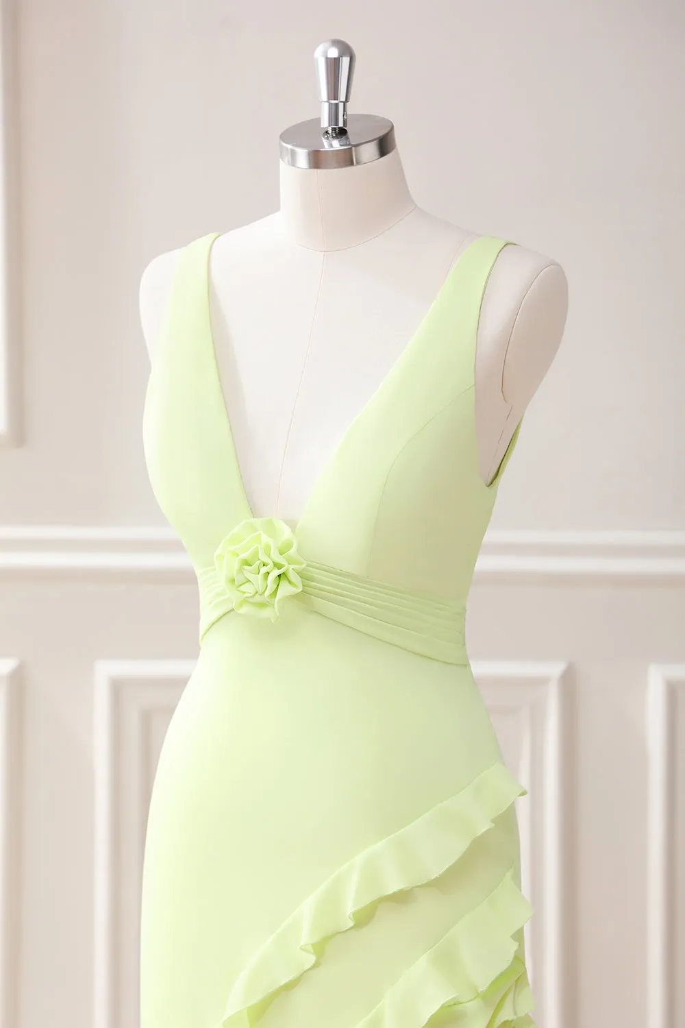 Lemon Sheath Deep V Neck Ruffles Maxi Dress with Slit