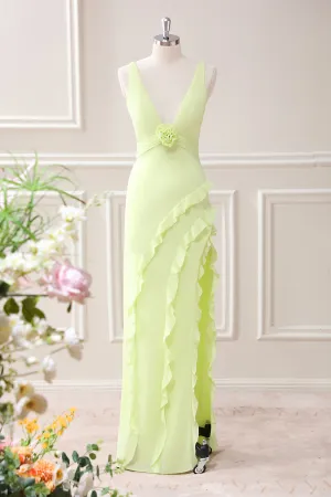 Lemon Sheath Deep V Neck Ruffles Maxi Dress with Slit