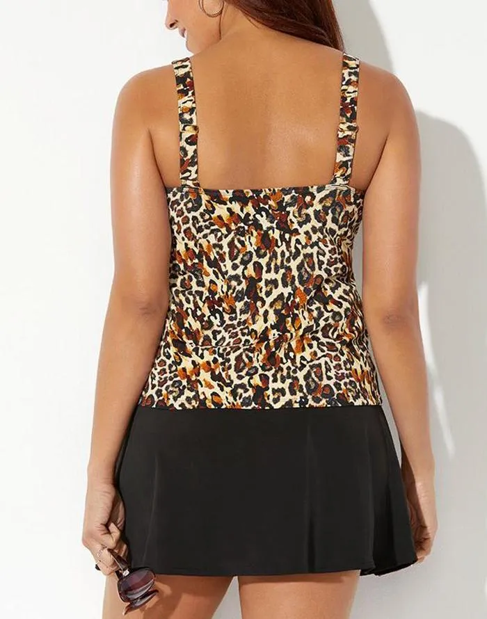 Leopard Flared Tankini Set With Skirt
