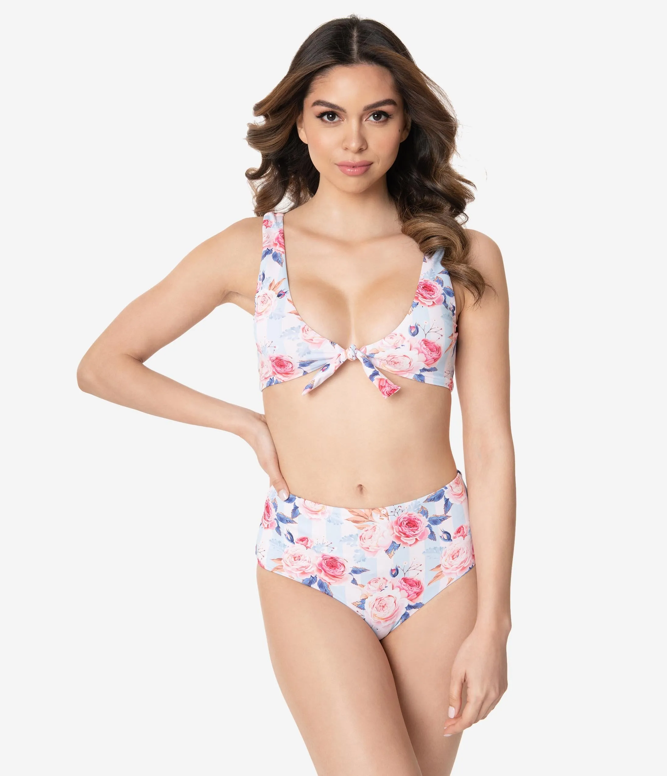 Light Blue & Pink Striped Floral Print Two Piece Swim Set