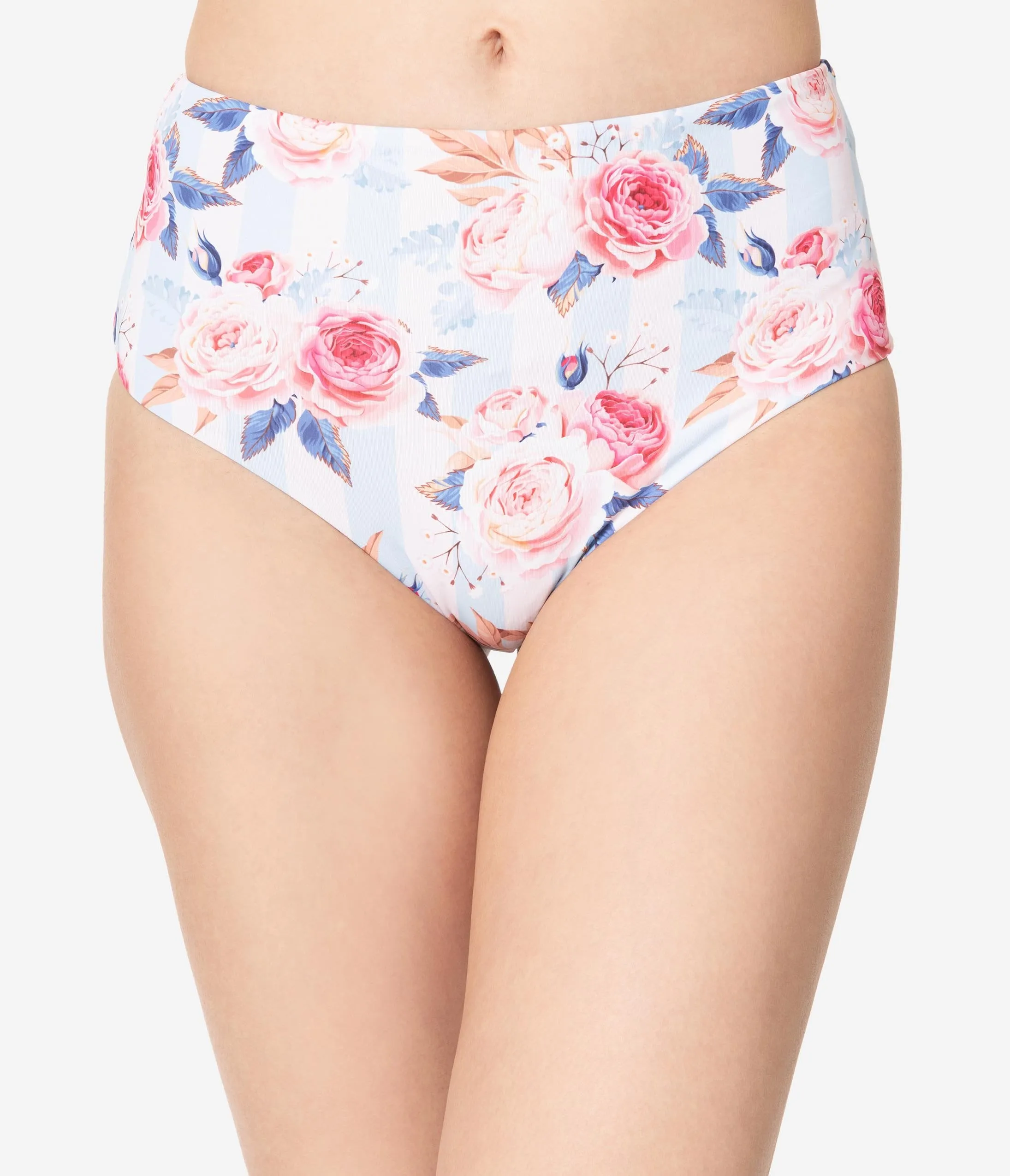Light Blue & Pink Striped Floral Print Two Piece Swim Set