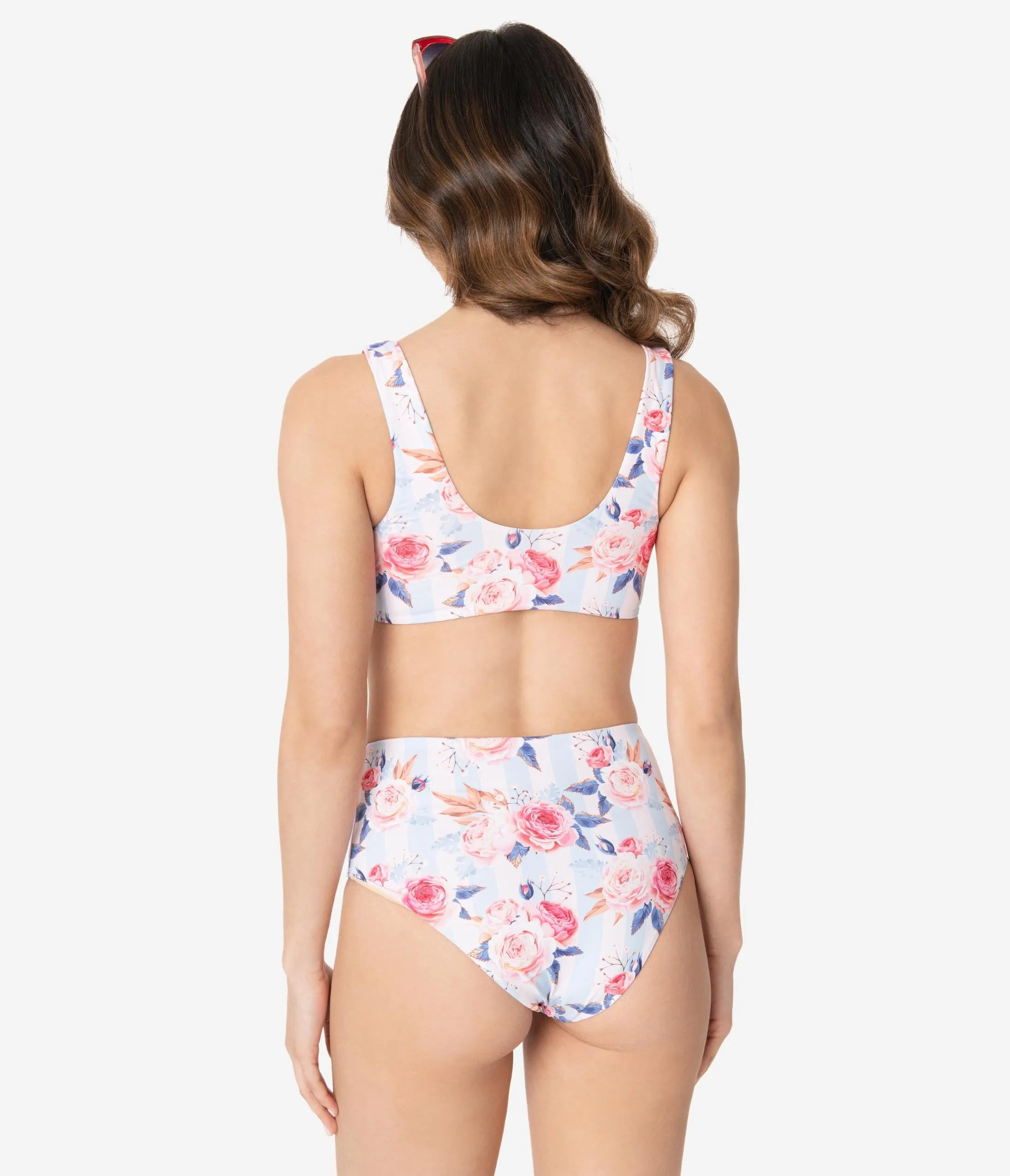 Light Blue & Pink Striped Floral Print Two Piece Swim Set