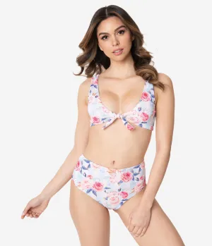 Light Blue & Pink Striped Floral Print Two Piece Swim Set