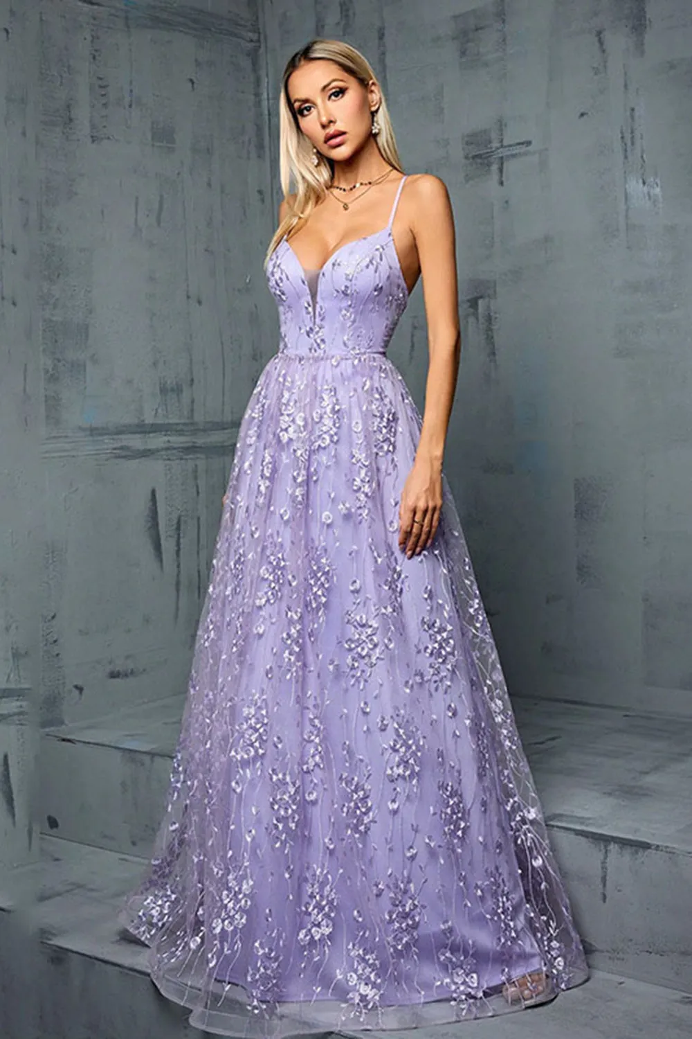 Lilac Appliques A Line V Neck Spaghetti Straps Tulle Maxi Dress