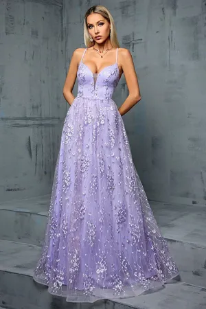 Lilac Appliques A Line V Neck Spaghetti Straps Tulle Maxi Dress