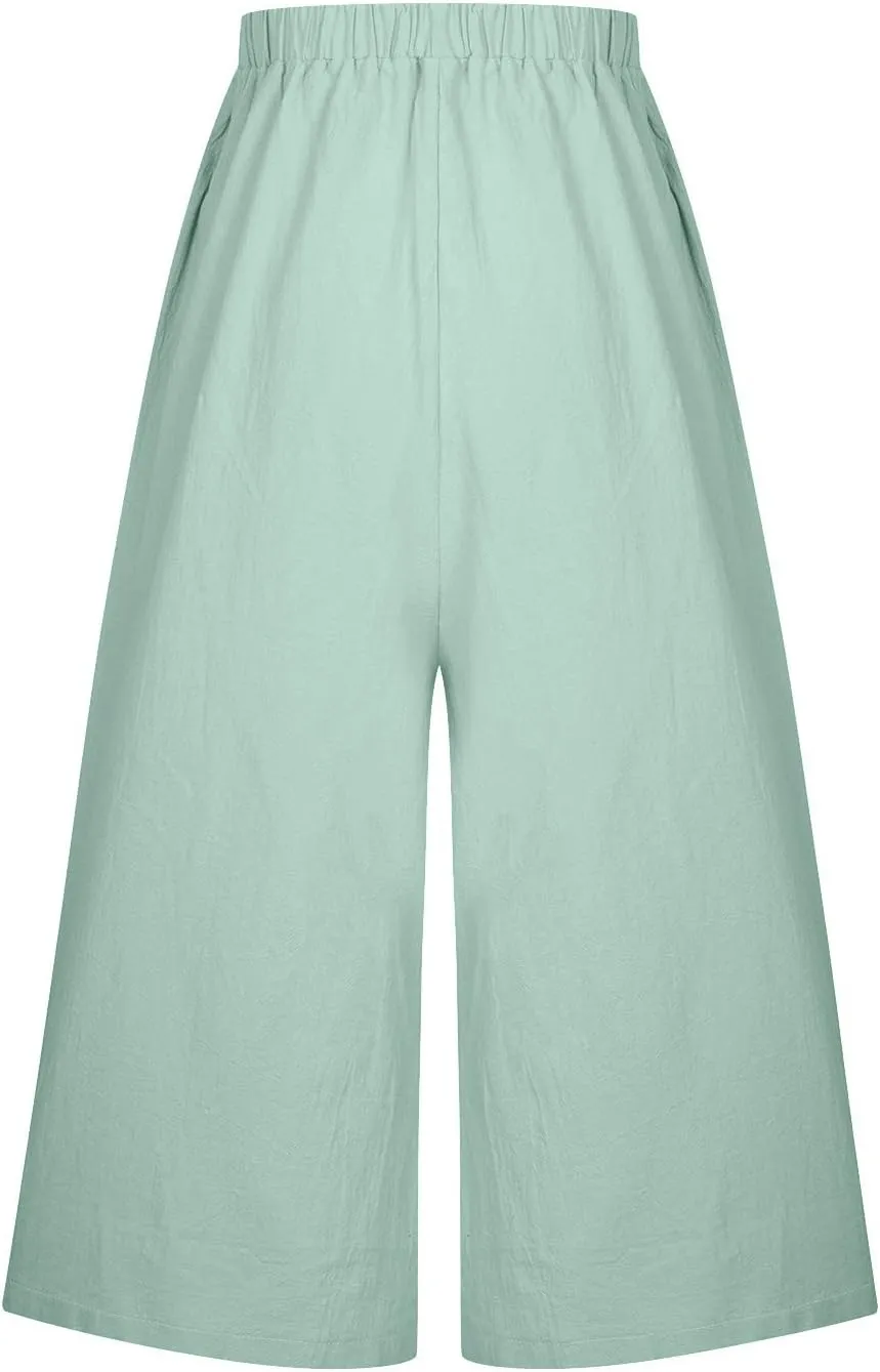 Linen Pants for Women Casual Elastic High Waisted Wide Leg Palazzo Pants Loose Flowy Beach Trousers with Pockets