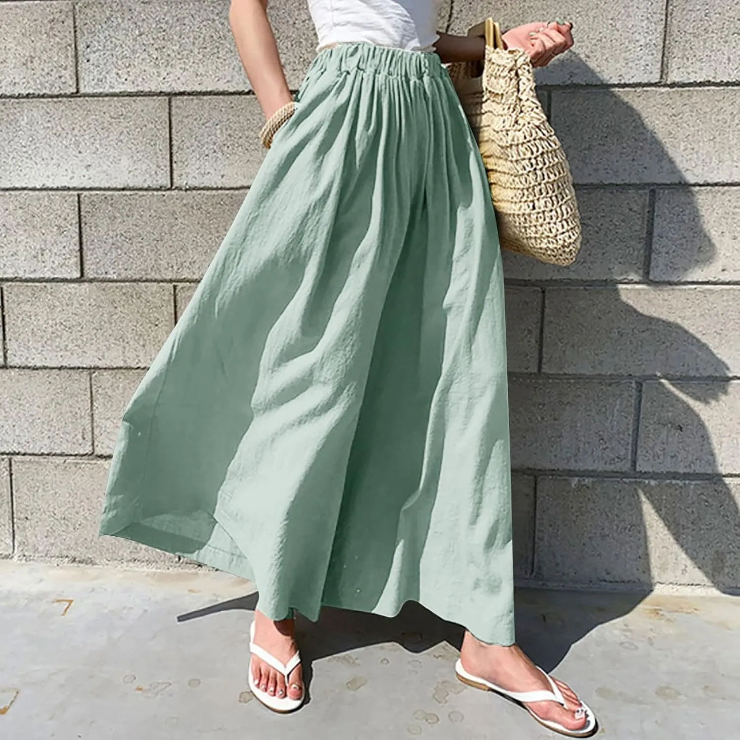 Linen Pants for Women Casual Elastic High Waisted Wide Leg Palazzo Pants Loose Flowy Beach Trousers with Pockets