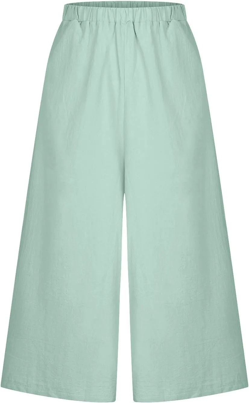Linen Pants for Women Casual Elastic High Waisted Wide Leg Palazzo Pants Loose Flowy Beach Trousers with Pockets