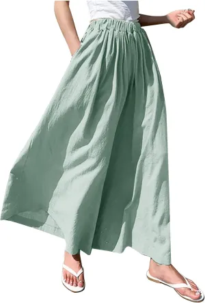 Linen Pants for Women Casual Elastic High Waisted Wide Leg Palazzo Pants Loose Flowy Beach Trousers with Pockets