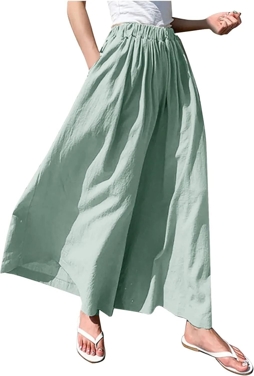 Linen Pants for Women Casual Elastic High Waisted Wide Leg Palazzo Pants Loose Flowy Beach Trousers with Pockets