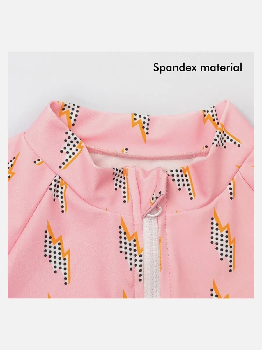 Little Surprise Box,3 pcs Pink Thunder Bolt Matching Top, Leggings & Jacket style Swimwear set for Pre-teens & Teens(140)