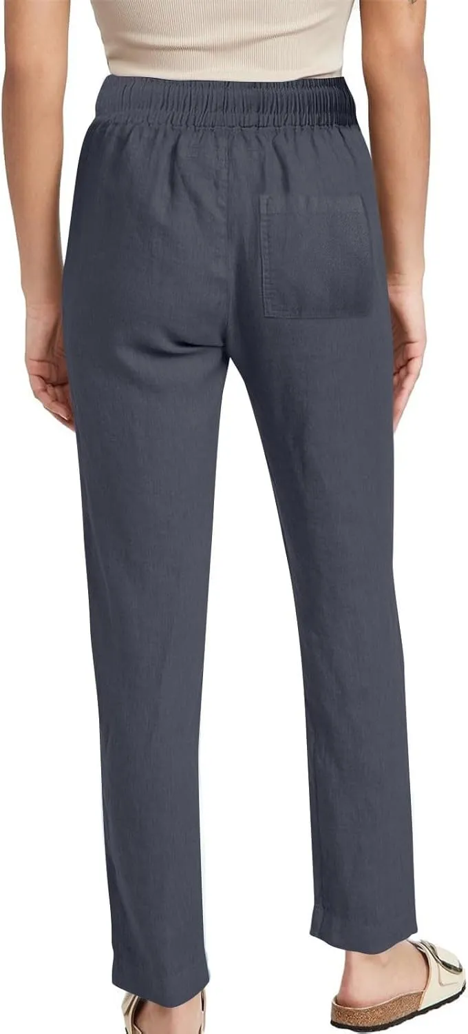 Lmdudan 2025 Women Casual Linen High Waist Pants Drawstring Loose Fit Summer Pants Solid Color Trousers with Pockets