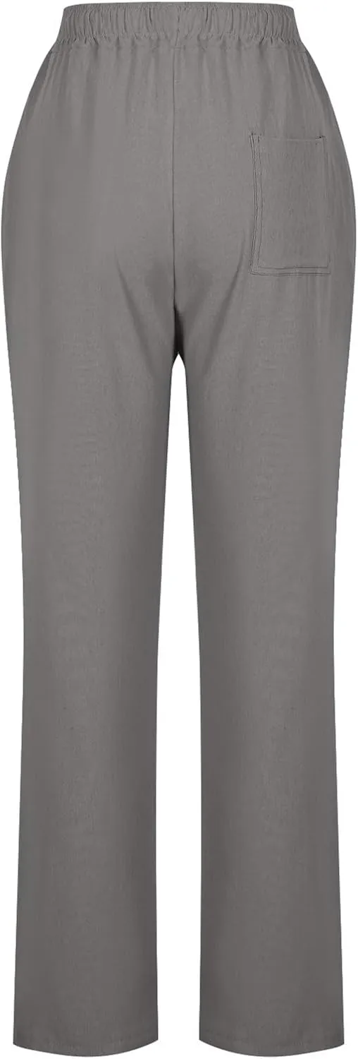 Lmdudan 2025 Women Casual Linen High Waist Pants Drawstring Loose Fit Summer Pants Solid Color Trousers with Pockets