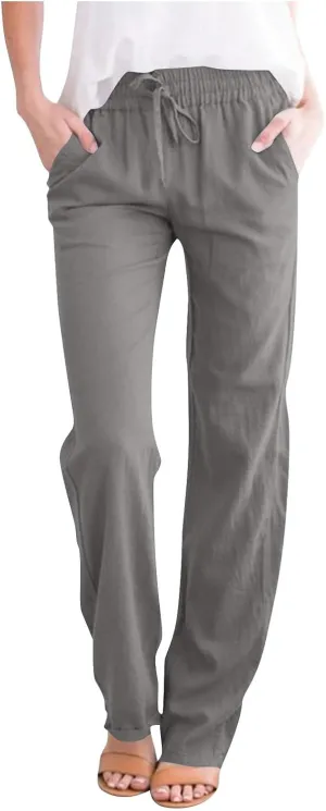 Lmdudan 2025 Women Casual Linen High Waist Pants Drawstring Loose Fit Summer Pants Solid Color Trousers with Pockets