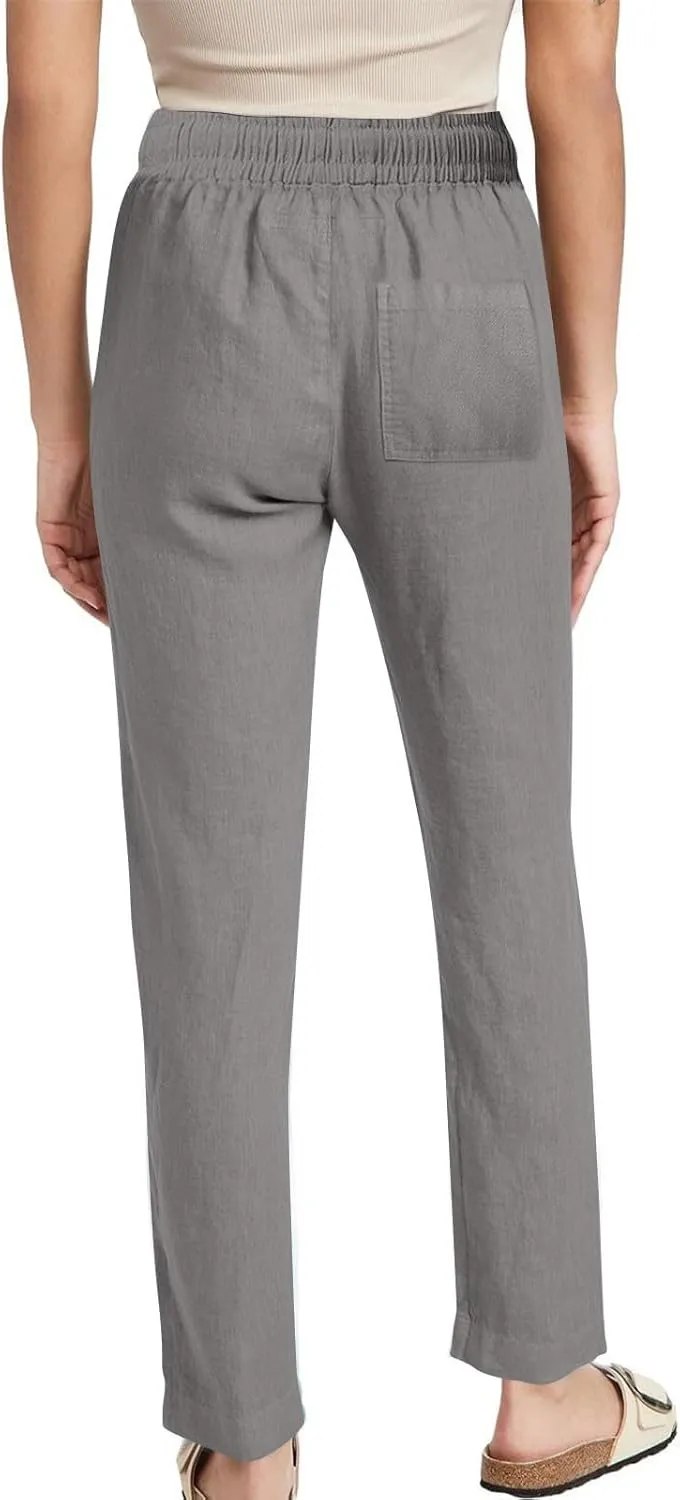 Lmdudan 2025 Women Casual Linen High Waist Pants Drawstring Loose Fit Summer Pants Solid Color Trousers with Pockets