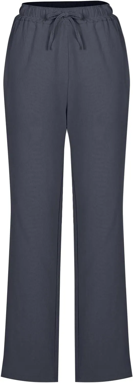 Lmdudan 2025 Women Casual Linen High Waist Pants Drawstring Loose Fit Summer Pants Solid Color Trousers with Pockets