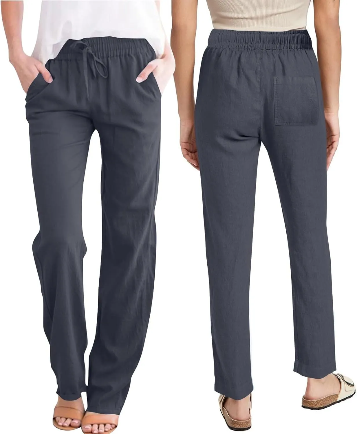 Lmdudan 2025 Women Casual Linen High Waist Pants Drawstring Loose Fit Summer Pants Solid Color Trousers with Pockets