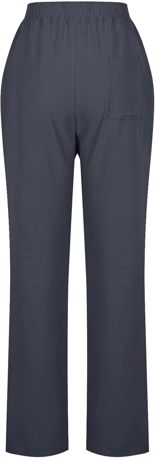 Lmdudan 2025 Women Casual Linen High Waist Pants Drawstring Loose Fit Summer Pants Solid Color Trousers with Pockets