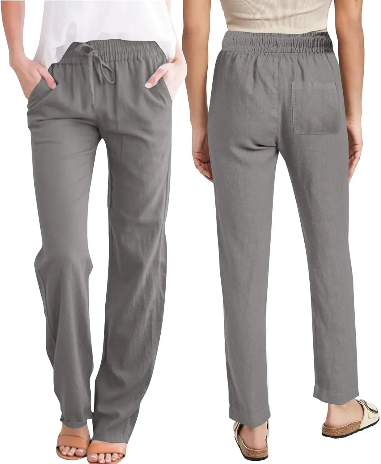 Lmdudan 2025 Women Casual Linen High Waist Pants Drawstring Loose Fit Summer Pants Solid Color Trousers with Pockets