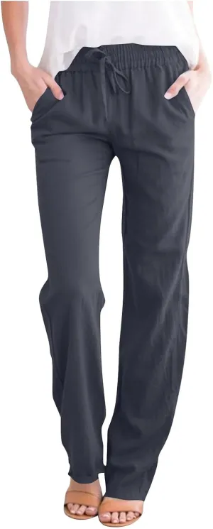 Lmdudan 2025 Women Casual Linen High Waist Pants Drawstring Loose Fit Summer Pants Solid Color Trousers with Pockets