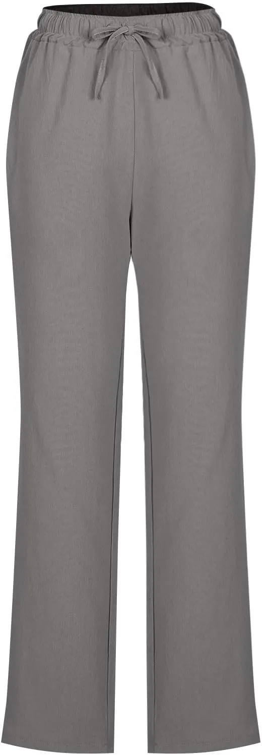 Lmdudan 2025 Women Casual Linen High Waist Pants Drawstring Loose Fit Summer Pants Solid Color Trousers with Pockets