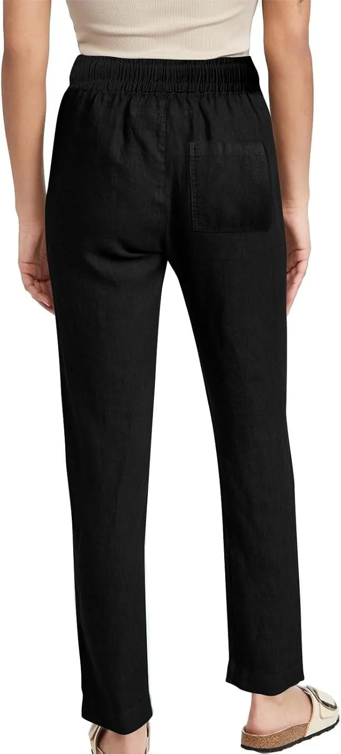 Lmdudan 2025 Women Casual Linen High Waist Pants Drawstring Loose Fit Summer Pants Solid Color Trousers with Pockets