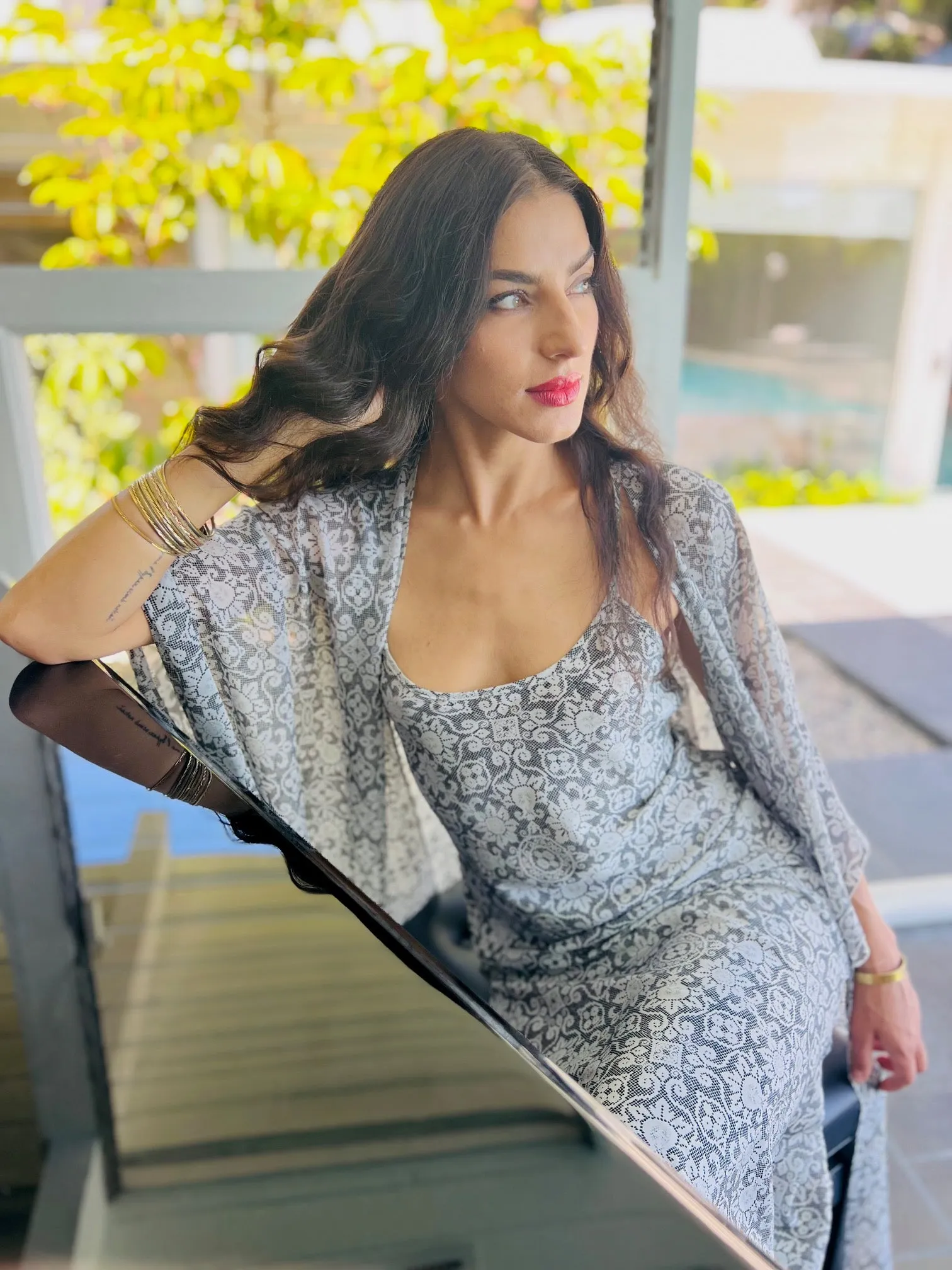 Long Open Front Kaftan - Lace Print