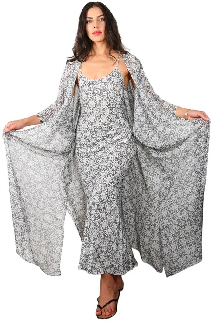 Long Open Front Kaftan - Lace Print