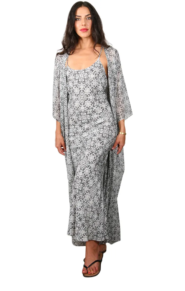 Long Open Front Kaftan - Lace Print