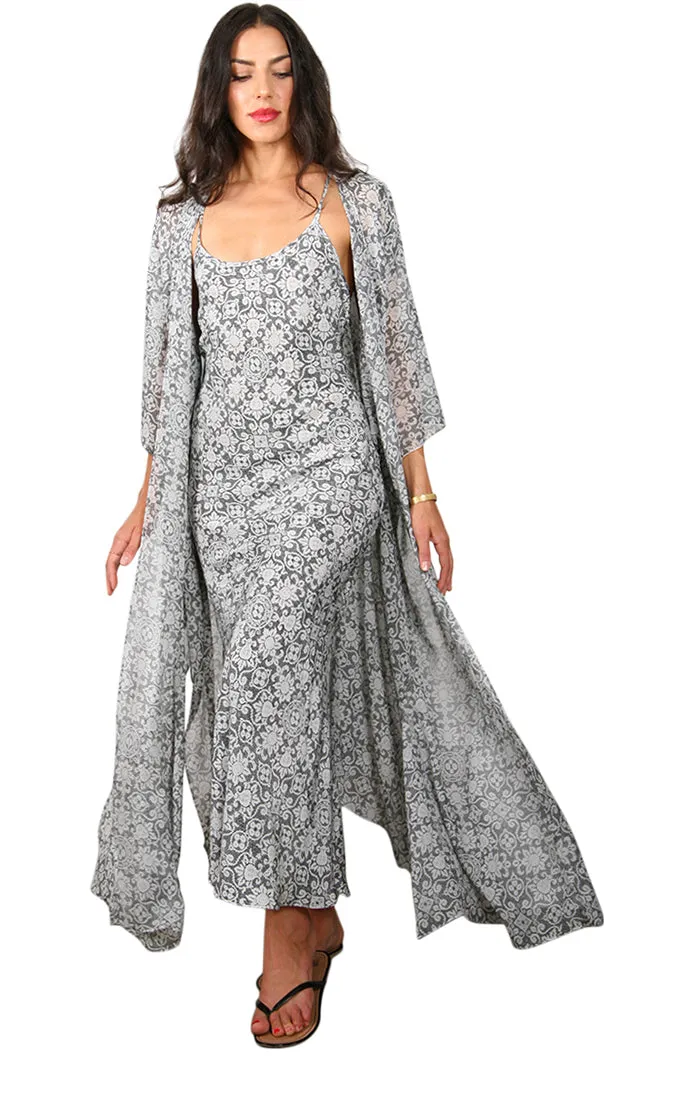 Long Open Front Kaftan - Lace Print