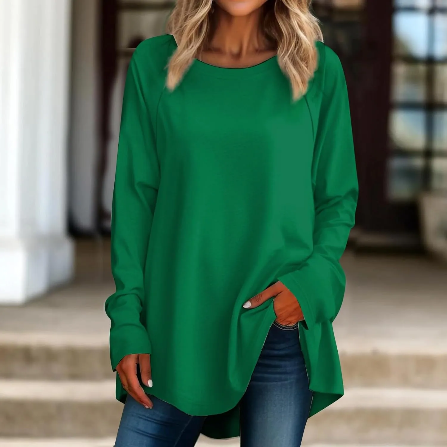 Long Sleeve Fitted Tops for Women Crewneck Solid Blouse Retro Tunic Pullover Loose Fit Casual Shirt Fall Fashion Top