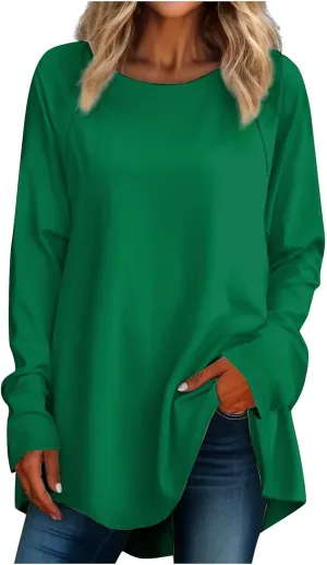 Long Sleeve Fitted Tops for Women Crewneck Solid Blouse Retro Tunic Pullover Loose Fit Casual Shirt Fall Fashion Top