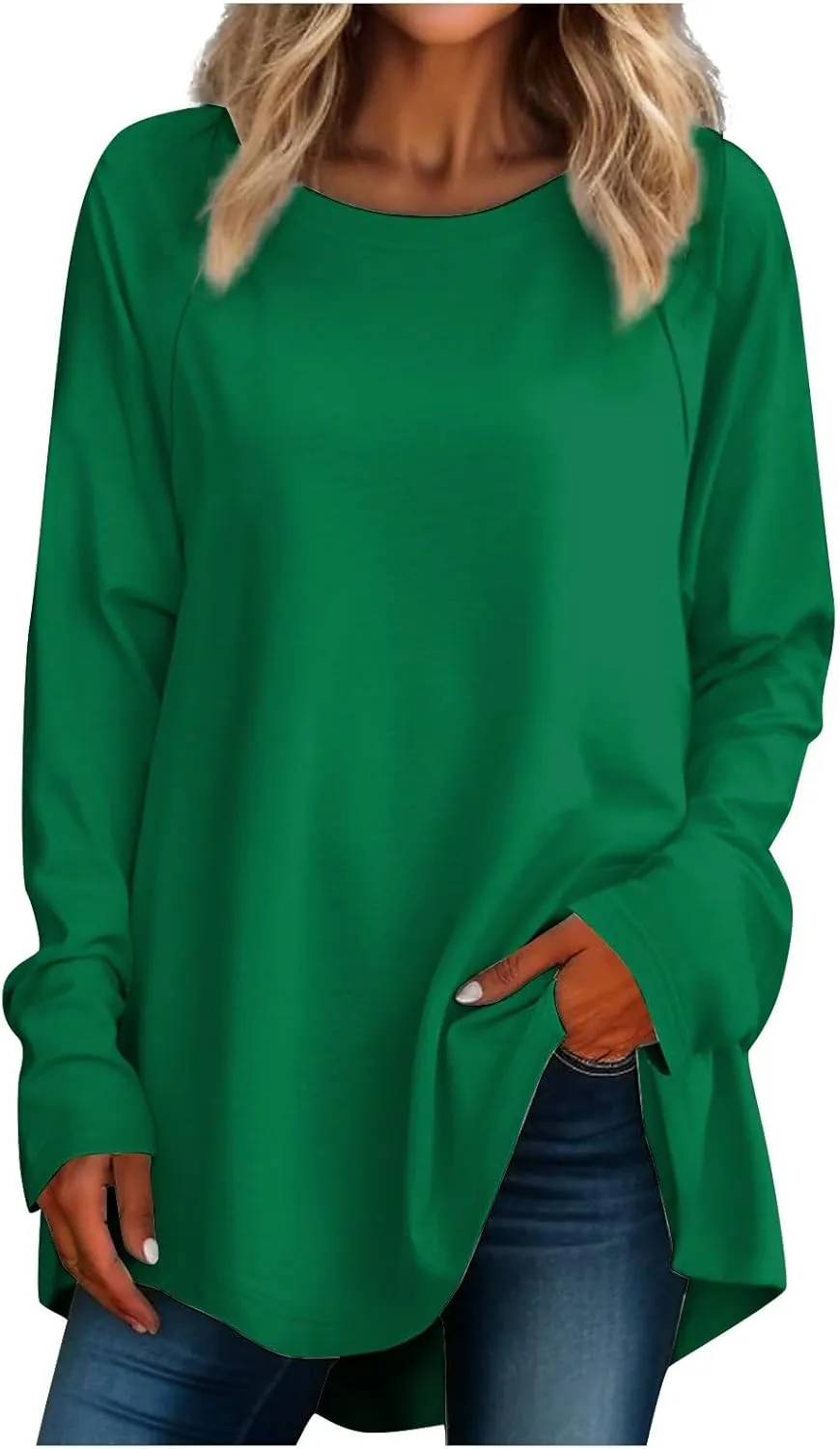 Long Sleeve Fitted Tops for Women Crewneck Solid Blouse Retro Tunic Pullover Loose Fit Casual Shirt Fall Fashion Top
